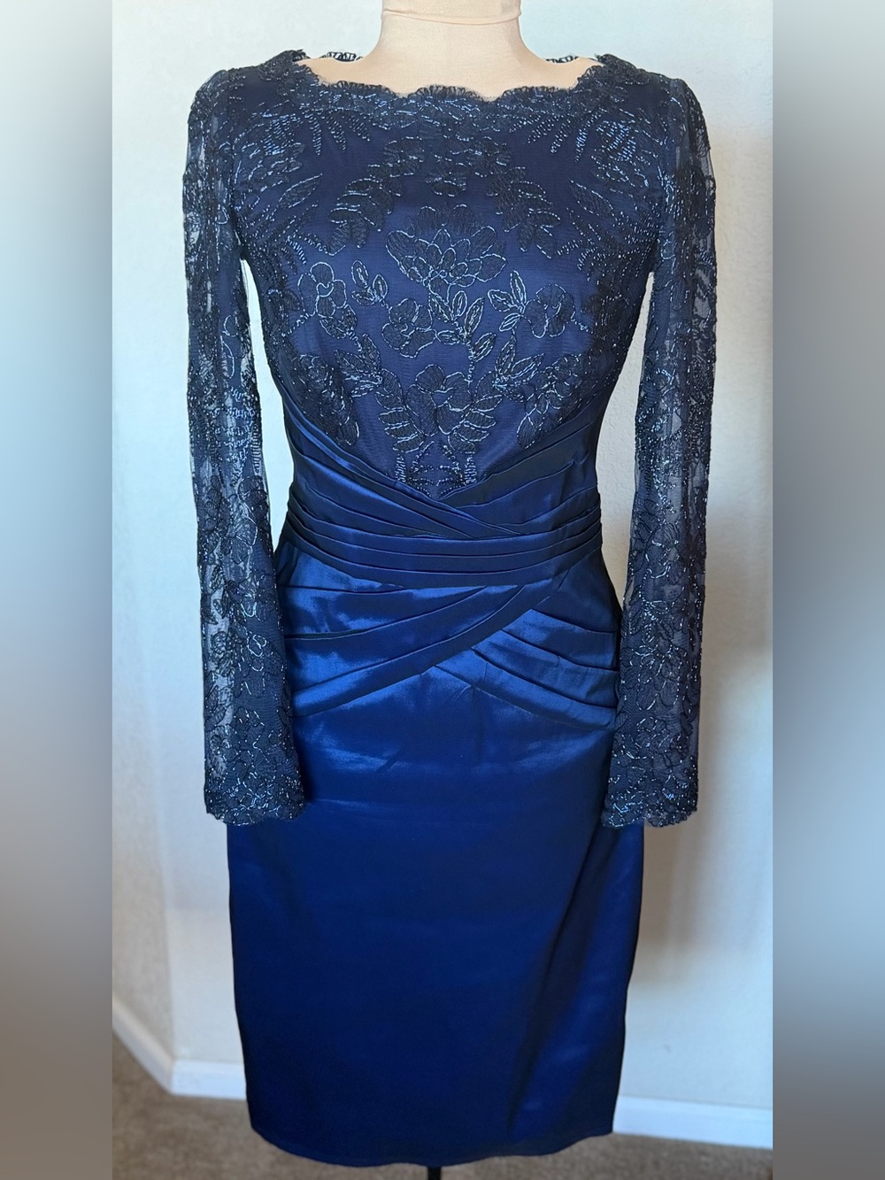 Tadashi Shoji Navy Blue Lace and Satin Long Sleeve Sheath Dress